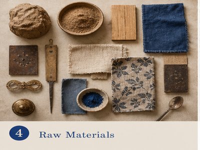 Raw materials - clay, wood, fabric, metal samples