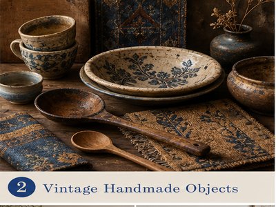 Collection of vintage handmade objects with rich patina
