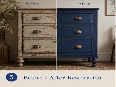 Before and after restoration of vintage furniture piece