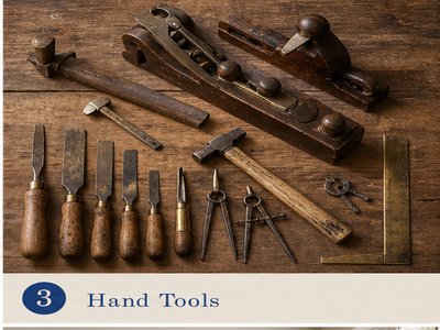Well-used hand tools arranged on wooden workbench