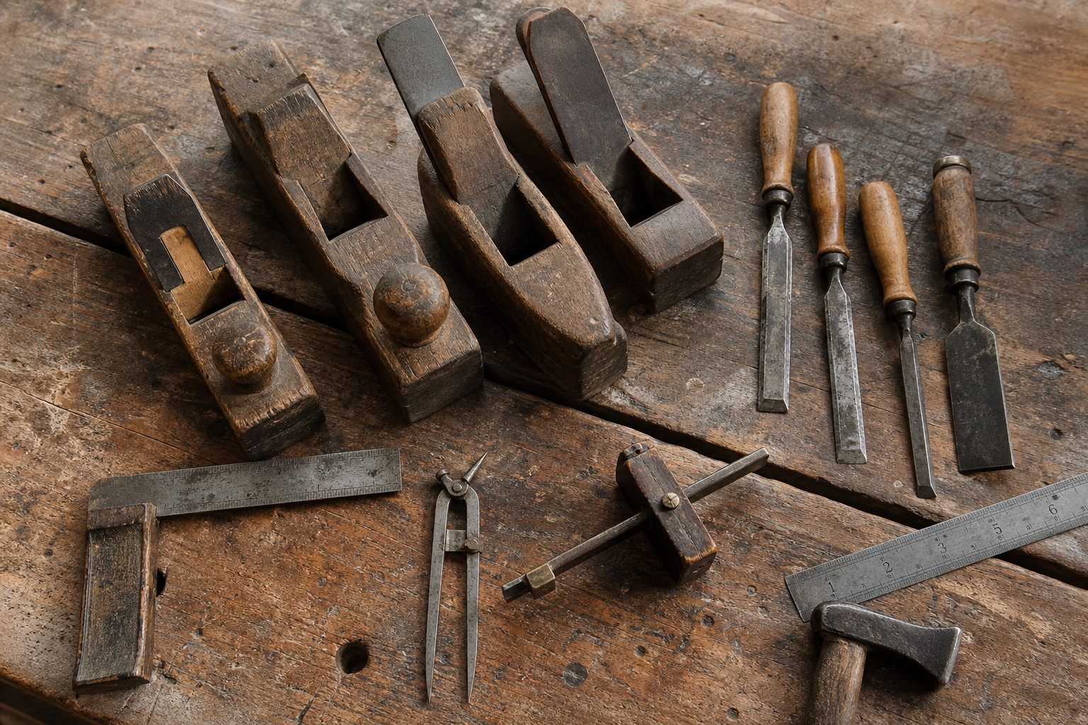 Vintage woodworking tools arranged on weathered workbench