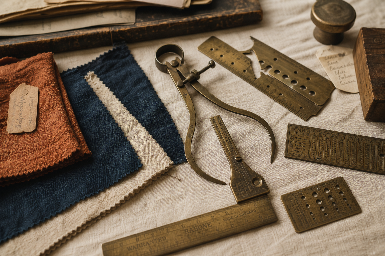 Antique brass measuring tools and vintage fabric samples