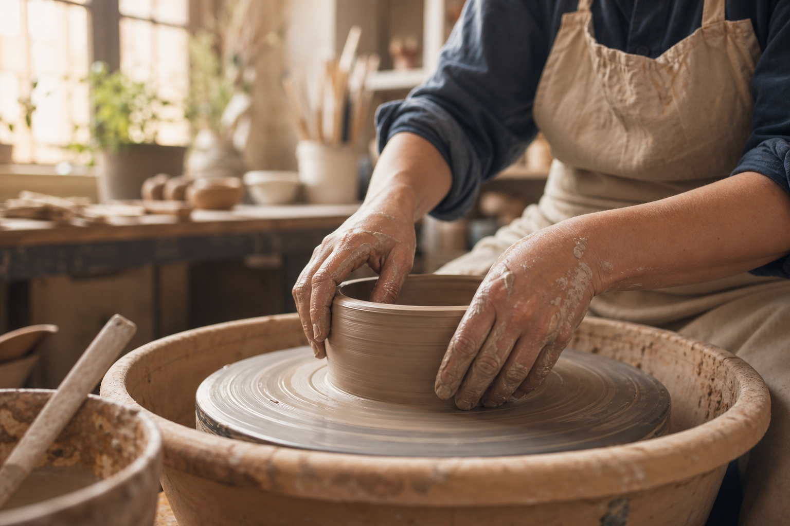 Artisan hands shaping clay on pottery wheel, warm studio lighting